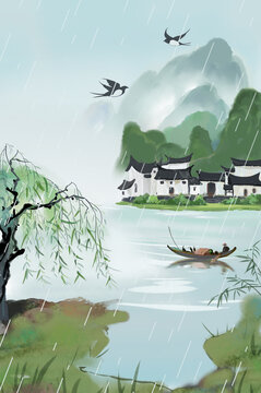 Hand-painted Chinese Jiangnan water town in spring rain, misty mountains, willow branches, swallows, ancient Huizhou architecture, river boat, traditional ink wash landscape illustration, peaceful ori
