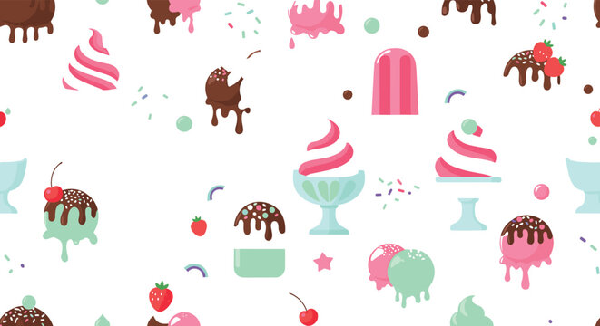 Cute ice cream dessert seamless pattern with sundae popsicle chocolate drip strawberry sprinkles sweet summer food background illustration