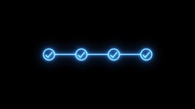 step process success with check marks. infographic step by step process icon animation on black background. neon 4 step infographic process with check mark icon.