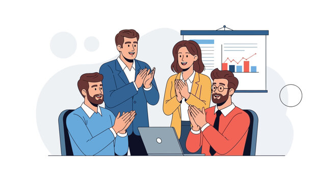 Business team applauding success at meeting, presentation board with charts in background