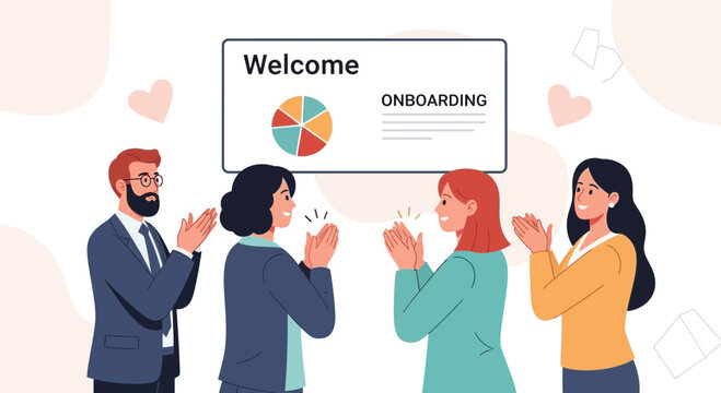 Team Welcoming New Employee with Applause and Onboarding Presentation