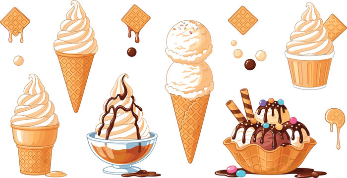 Ice cream dessert collection with waffle cone soft serve sundae chocolate syrup sprinkles sweet frozen treat summer food illustration set