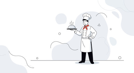 Obraz premium Chef Serving Food Dish with Cloche, Professional Culinary Illustration