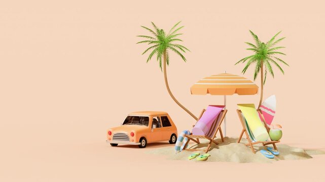 Playful 3D summer travel scene with a small car arriving at a tropical beach setup. Palm trees, beach chair and umbrella create a relaxed vacation mood on beige background
