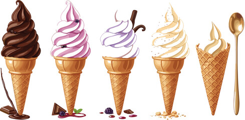 Soft serve ice cream cone flavor collection with chocolate berry vanilla caramel swirl sweet frozen dessert summer food illustration set © MstLinaAkter