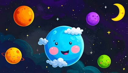 Obraz premium Colorful cartoon planets with faces, smiling stars, crescent moon, comet streak, playful cosmic scene on deep blue background, whimsical outer space design for children’s education and decor.
