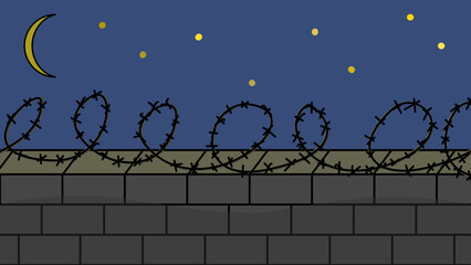 Barbed Wire Fence on a Stone Wall under a Starry Night Sky with Crescent Moon