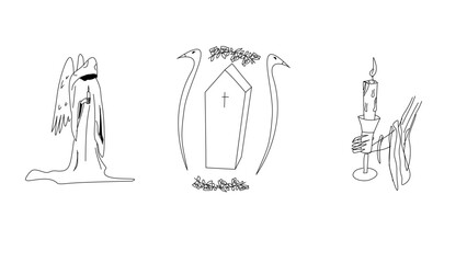 Gothic Line Art Illustration Set with Grim Reaper, Coffin, and Hand Holding a Candle