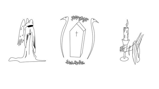 Gothic Line Art Illustration Set with Grim Reaper, Coffin, and Hand Holding a Candle