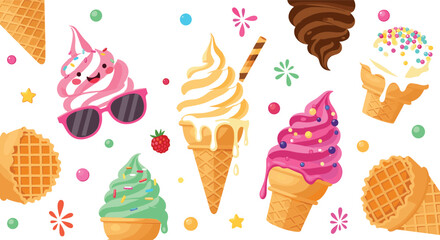 Colorful soft serve ice cream cone collection with sprinkles chocolate berry sweet frozen summer dessert illustration set © MstLinaAkter