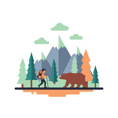Hiker and Bear Walking Together in a Flat Design Mountain Forest Landscape