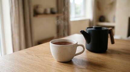 Fototapeta premium A white cup of steaming hot tea and a black teapot sit on a wooden table in a bright room, cozy morning, domestic warmth, peaceful moment.