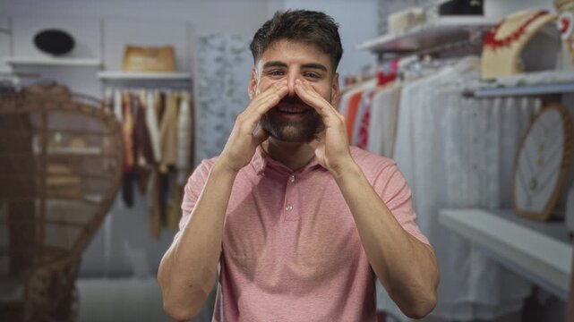 Hispanic man in pink shirt cups hands around mouth calling out surrounded by hanging garments in building clothing store aisle; announcement excitement.