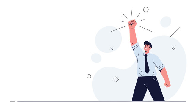 Man in suit celebrating success with raised fist, abstract background