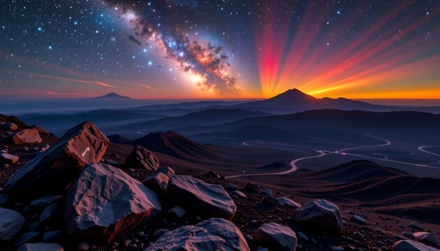 Night Sky Over Rugged Mountain Ridge