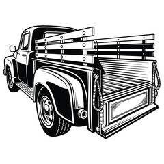Detailed Black and White Vintage Pickup Truck with Wooden Bed and Tailgate. © Vhya