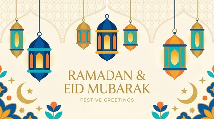 Ramadan and Eid Mubarak Festive Greetings with Islamic Lanterns and Crescent Moons. © Irham