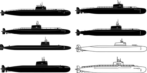 Submarine silhouette vector illustration set, military naval underwater vessels collection, modern and classic warship designs, black maritime defense symbols isolated © Sarsoti
