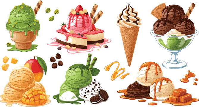Colorful ice cream dessert collection with cone sundae caramel chocolate fruit scoop gelato and sweet summer frozen treat illustration set