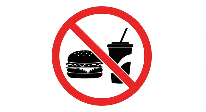 ハンバーガーと飲み物の禁止サインがシンプルに示される