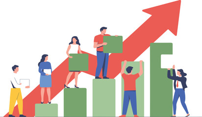 Business growth teamwork concept vector illustration with people building rising chart representing success financial progress and collaboration © MDABU