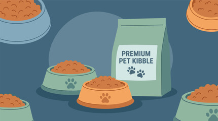 Vector illustration of pet food bowls filled with kibble and a premium bag © TRSTOCK
