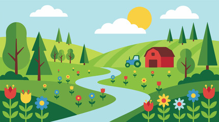 Colorful flat design illustration of a vibrant farm landscape with barn and tractor © TRSTOCK