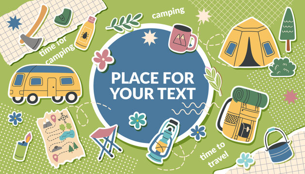 Camping collage banner with travel objects in pop art style6. The concept of travel, camping, hiking and outdoor recreation. Vector flat template.