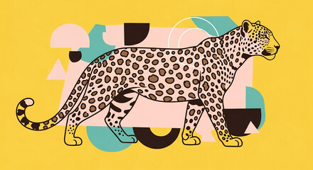 ヒョウが幾何学模様の中で鮮やかに歩むイラスト