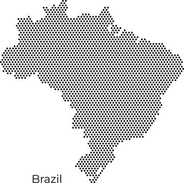 Stylized dotted vector map of Brazil featuring a modern black hexagonal pattern on a clean white background, ideal for travel, geography, and minimalist infographic design.
