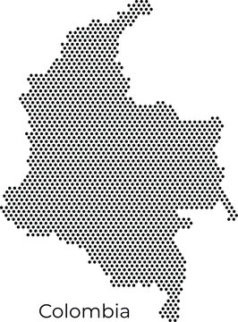 Stylized dotted vector map of Colombia featuring a modern black hexagonal pattern on a clean white background, ideal for travel, geography, and minimalist infographic design.