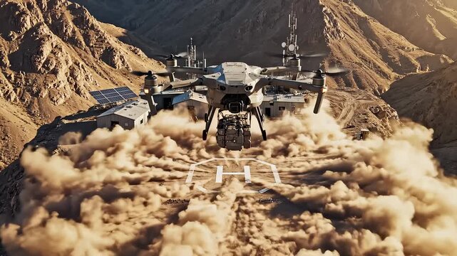 Military Drone Lands Delivering Supplies To Remote Mountain Base