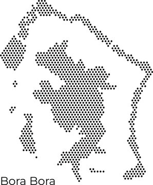 Vector dotted map of Bora Bora island in French Polynesia, featuring a modern black hexagonal pattern on a clean white background, ideal for travel and tourism design.