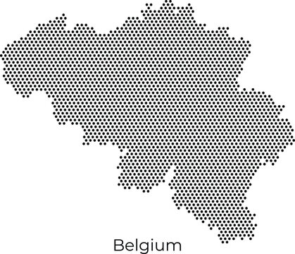 Stylized vector map of Belgium created with a black hexagonal dot pattern on a white background, perfect for modern infographics and minimalist design.