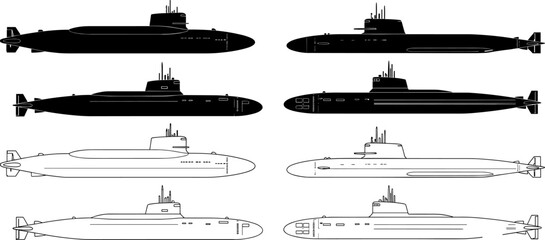 Submarine silhouette vector set, military navy submarines in black and outline styles, underwater warship illustration collection for defense technology design © Sarsoti