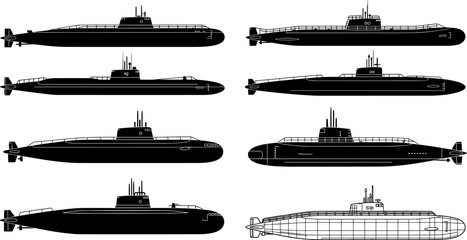 Submarine silhouettes vector set showing modern military naval submarines side view, underwater warship fleet illustration isolated white background graphic design © Sarsoti