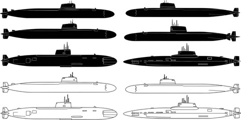 Submarine silhouettes vector illustration set, military naval vessels collection, underwater warship side views isolated on white background, modern defense design © Sarsoti