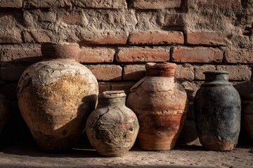 Ancient clay jars resting against a weathered brick wall in warm, rustic light