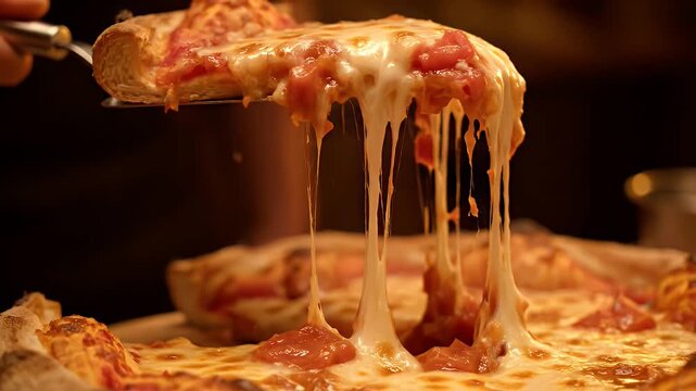 Close up of a hand lifting a slice of hot pizza revealing long strings of melted mozzarella cheese with tomato sauce and a golden brown crust in a cozy dimly lit restaurant atmosphere perfect for