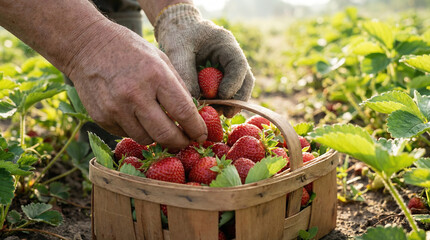 Harvesting strawberries on a sunny day at a local farm with busy hands picking berries