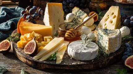 Assorted cheese platter on a rustic wooden board featuring cheddar, brie, gouda, blue cheese, camembert, parmesan and mozzarella