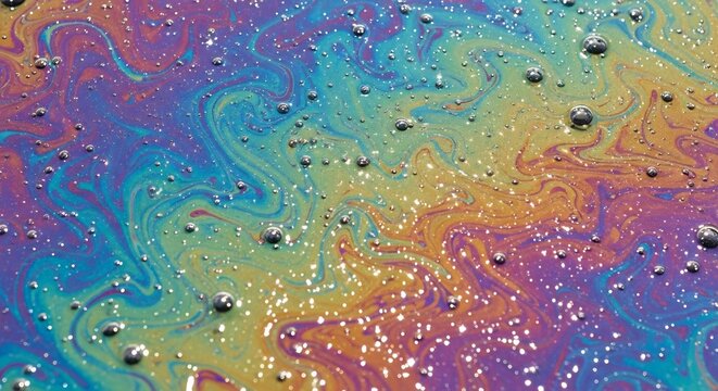 Iridescent Oil Slick Rainbow Pattern with Bubbles.