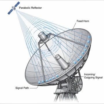 A parabolic reflector satellite dish with labeled components.