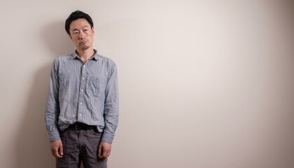 Obraz premium しわだらけのシャツを着て疲れ切った表情の男性