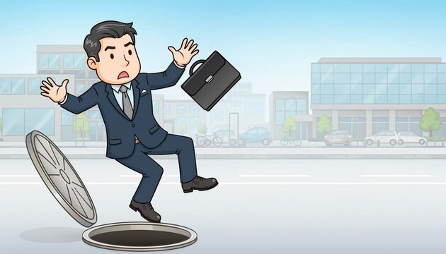 落とし穴に落ちそうになるスーツ姿のビジネスマンのイラスト