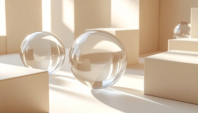 Minimalist Scene with Glass Spheres and Geometric Shapes in Warm Light.