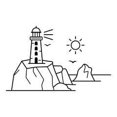 Illustration vectorielle minimaliste d’un phare breton posé sur un rocher face à la mer, avec soleil et oiseaux. Paysage côtier simple en line art évoquant la Bretagne et l’océan Atlantique. © Manon
