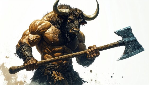 Minotaur Warrior with Axe - A Powerful Mythical Creature Illustration.