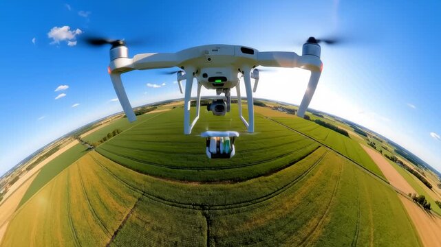 Drone Delivers Package Mid-Flight Over Agricultural Fields