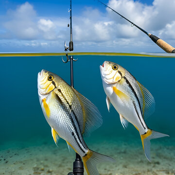 Fishing, fish caught on a fishing pole. The pinfish, Lagodon rhomboides, is a saltwater fish of the Sparidae family, the breams and porgies